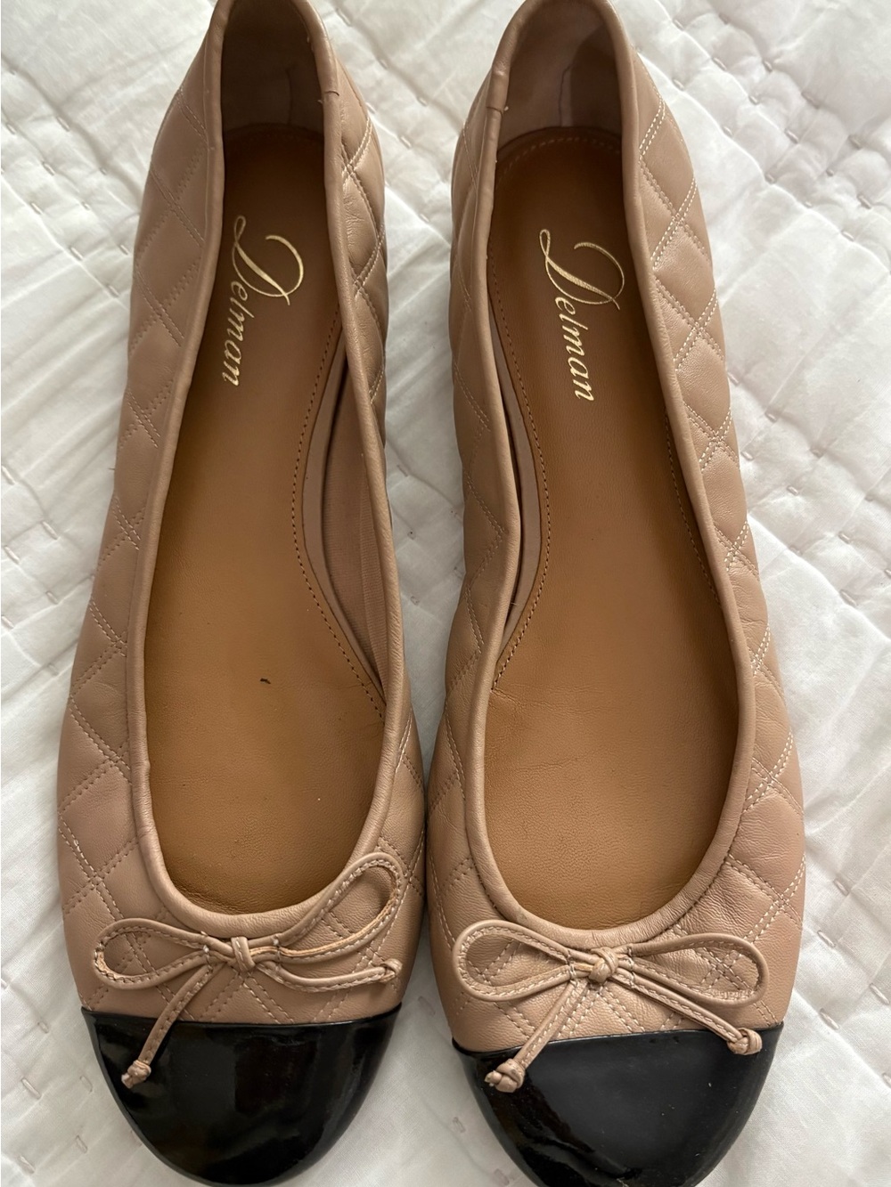 Vintage Delman Willa Quilted Leather Cap Toe Bow Slip-On Ballet Flats US9.5/10